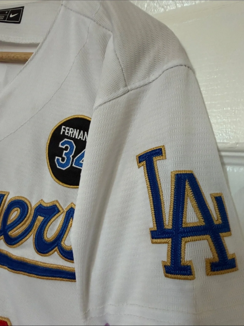 Nike White Dodgers Fernando 34 Patch Jersey with Red Number